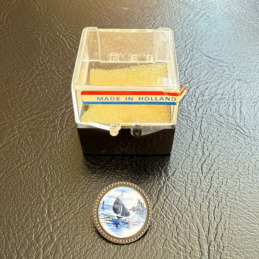 Vtg Sterling Silver CMR Porcelain Brooch Pin Blue White Dutch Delft Hand Painted